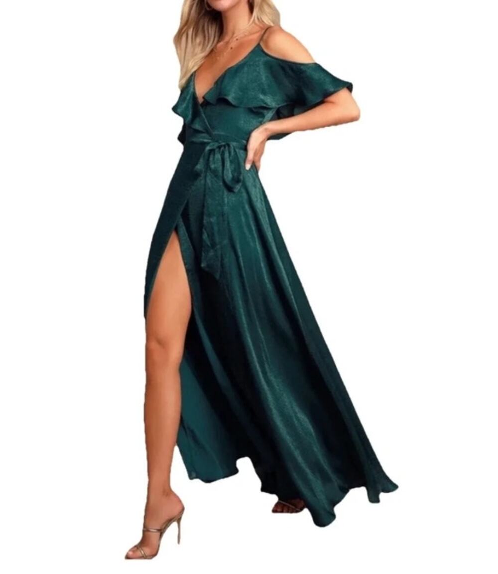 Lulus Deep Teal Satin Ruffle Cold-Shoulder Wrap Maxi Dress